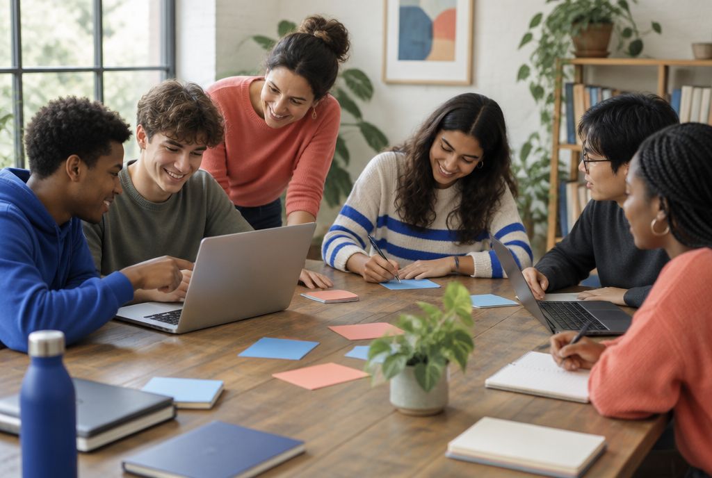 Een kleine groep jongeren aan een tafel met kaartjes en laptops, met twee begeleiders die meekijken